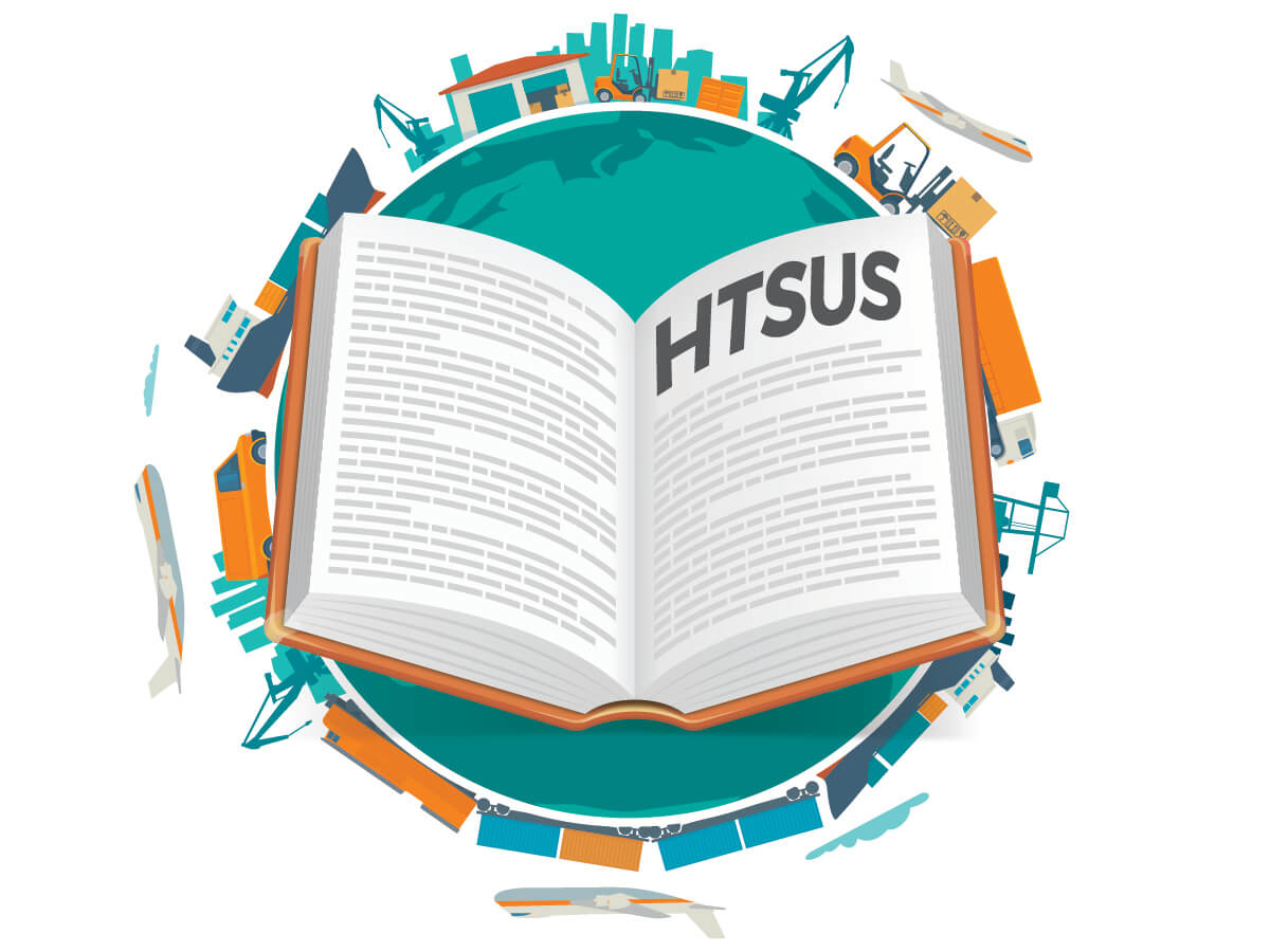 An image depicting the full volume of the Harmonized Tariff Schedule of the United States (HTSUS) in context of the logistics of international trade