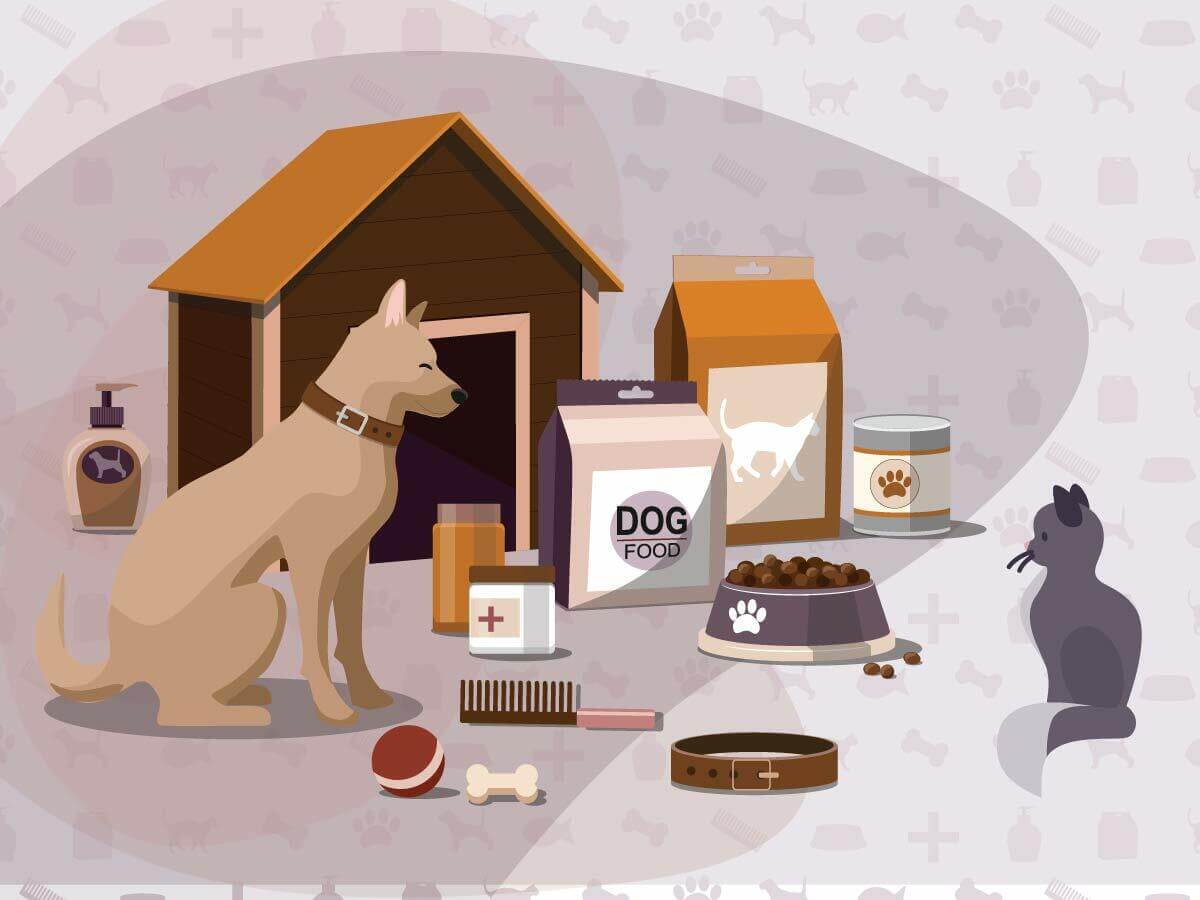 A digital image depicting a dog surrounded by pet food and accessories such as a collar, flea comb, chew toys, and pet shampoo.