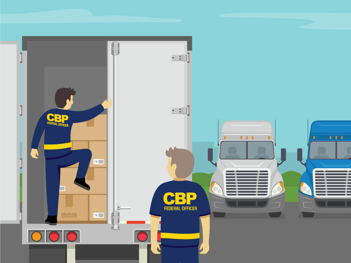 A digital image in a minimalist style depicting a pair of CBP officers inspecting a tractor trailer. A semi truck is shown in the background.