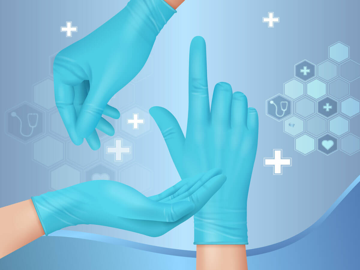 A digital image depicting a trio of hands wearing blue surgical gloves, with the leftmost hand gesturing toward the rightmost hand, which is pointing upward toward the third hand.