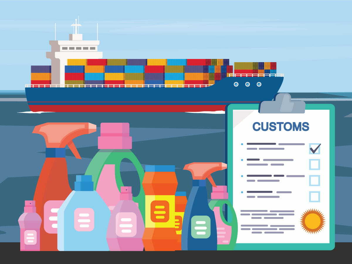 An illustration of cleaning products entering the U.S. via customs.