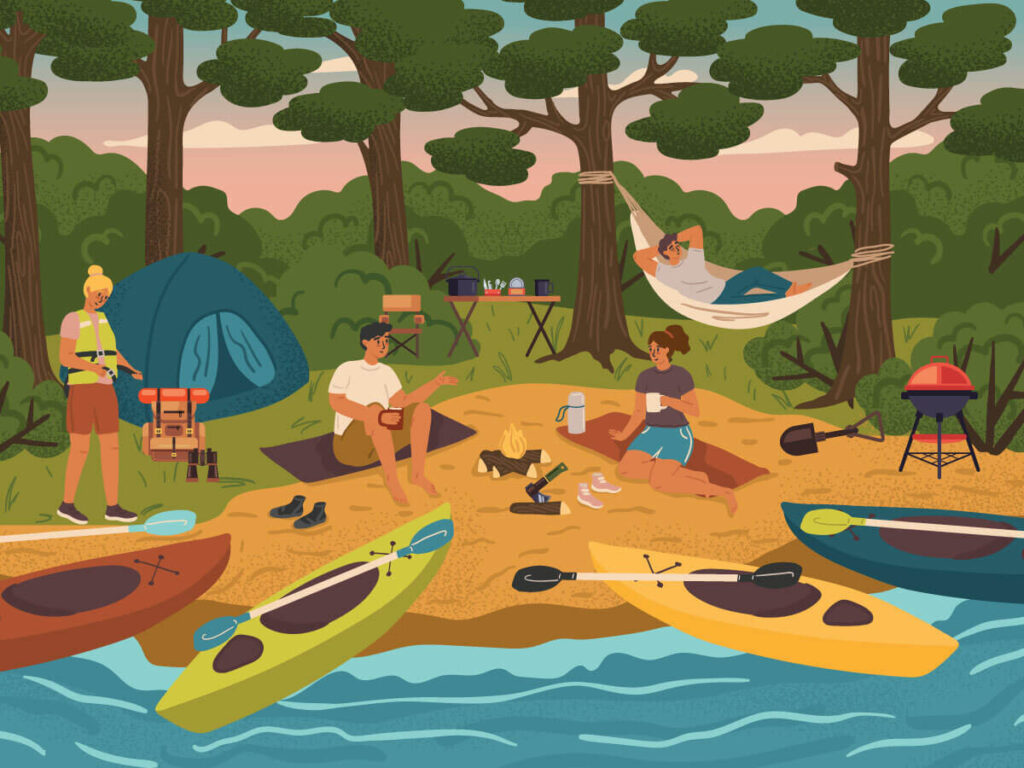 A digital image depicting a family camping at a lake, completely several visible camping accessories such as a tent, hammock, kayaks, canoes, a charcoal grille, and bedroll backpack.