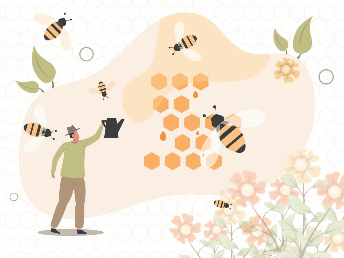 A digital image depicting a beekeeper using a bee smoker with multiple bees, flowers, and a honeycomb in the foreground and background.