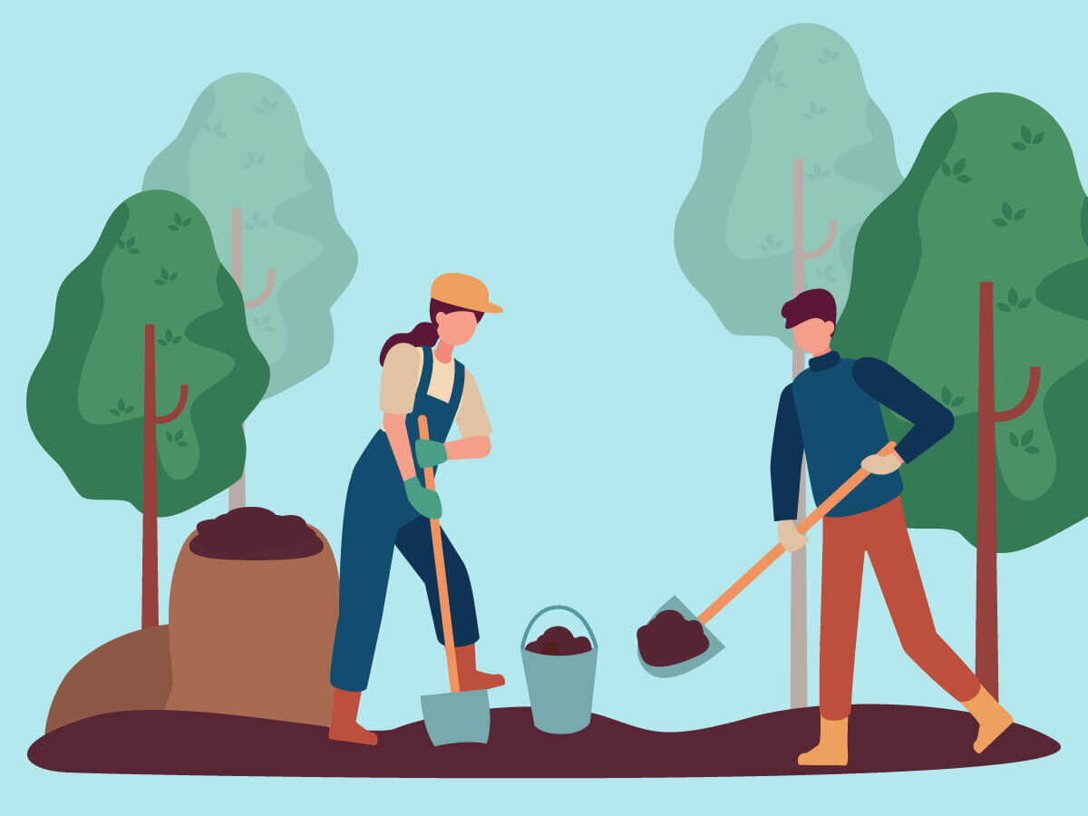 A minimalist-style digital image depicting a man and woman harvest soil in a forest.