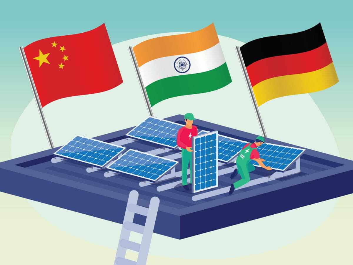 A digital image of a roof equipped with solar panels. Above the panels, the flags of China, India, and Germany can be seen.