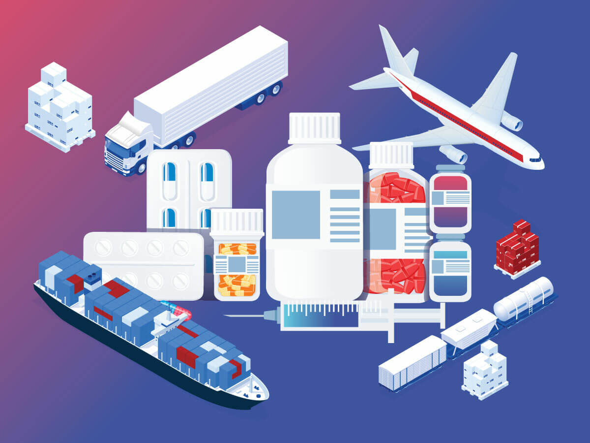 A digital image of a semi truck, cargo ship, cargo jet, and rail cars surrounding oversize images of pill bottles, carded tablets, and hypodermic needles supporting the article title "Importing Pharmaceuticals Into the U.S."