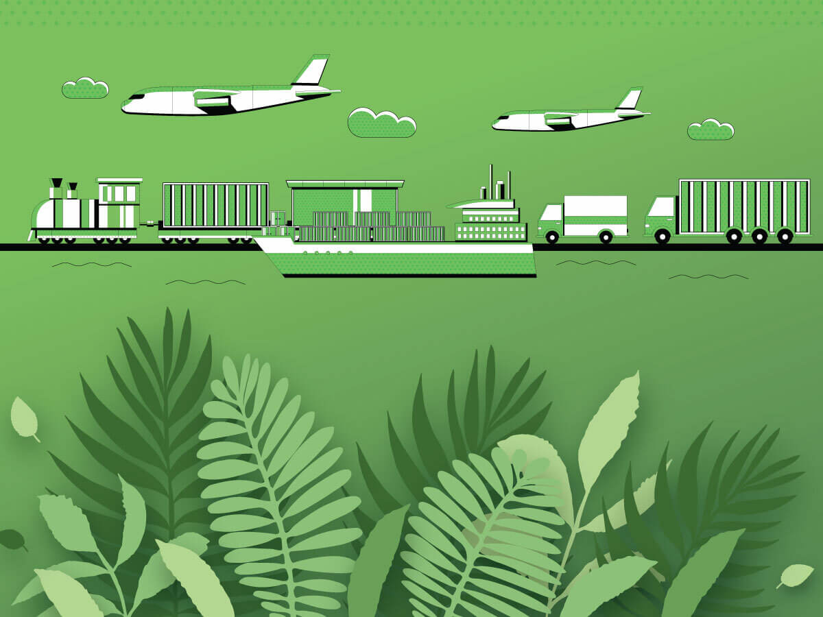 A digital image depicting several fronds, ferns, and other types of plants in the foreground with side views of a cargo ship, semi trucks, rail cars, and cargo jets supporting the article title "Importing Plants to the United States".