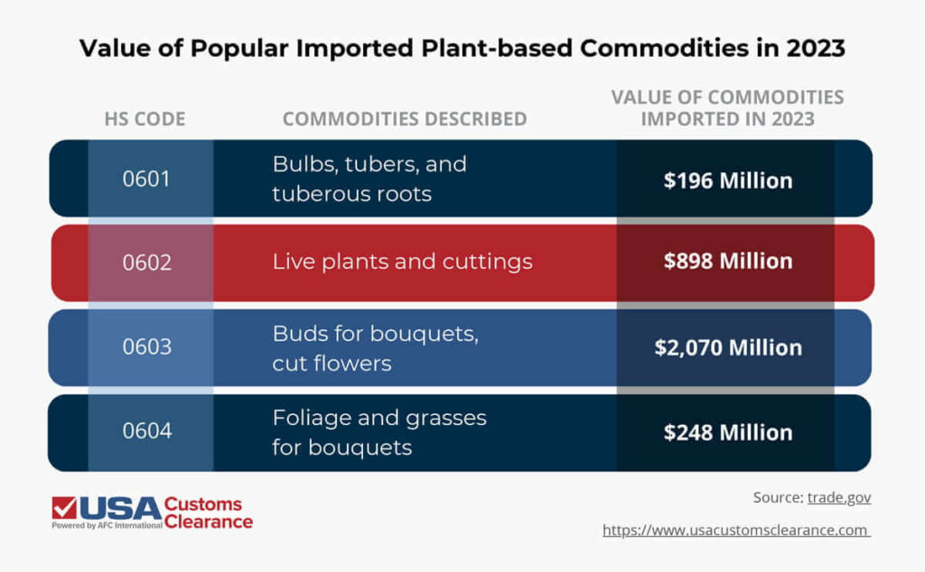 An infographic titled “Value of Popular Imported Plant-Based Commodities in 2023”. The graphic displays three columns of information from left to right, titled “HS Code”, “Commodities Described”, and “Value of Commodities Imported in 2023”. The information in the graph reads as follows.

HS Code 0601: Bulbs, tubers, and tuberous roots, $196 million
HS Code 0602: Live plants and cuttings, $898 million
HS Code 0603: Buds for bouquets, cut flowers, $2,070 million
HS Code 0604: Foliage and grasses for bouquets, $248 million