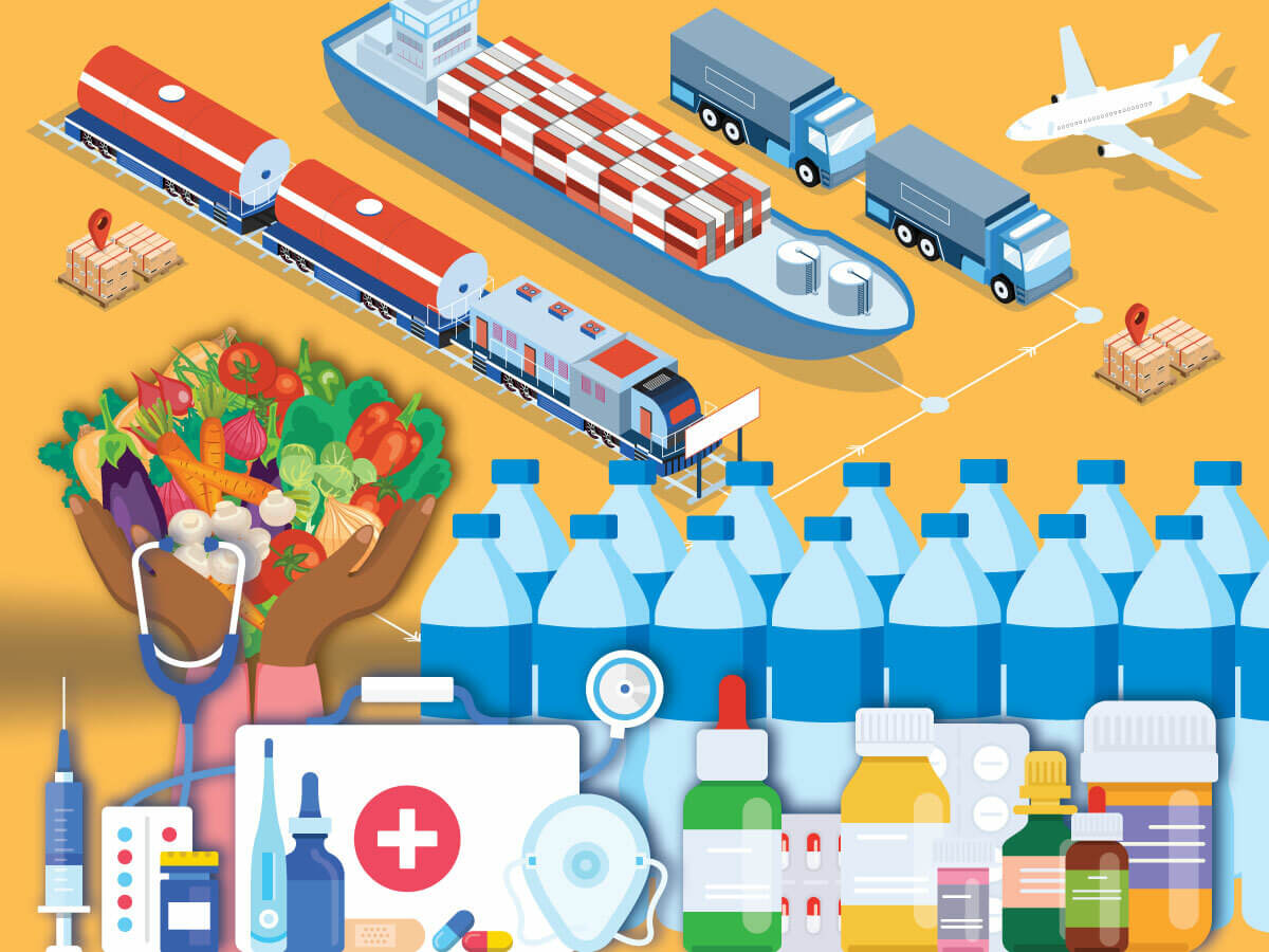 Digital artwork with a yellow background depicting a cargo jet, two semi trucks, a container ship, and cargo train along with a pair of hands holding several different vegetables, bottled water, pharmaceuticals, and palletized goods. The image supports the article title "The Complete Guide to FDA Customs Clearance".