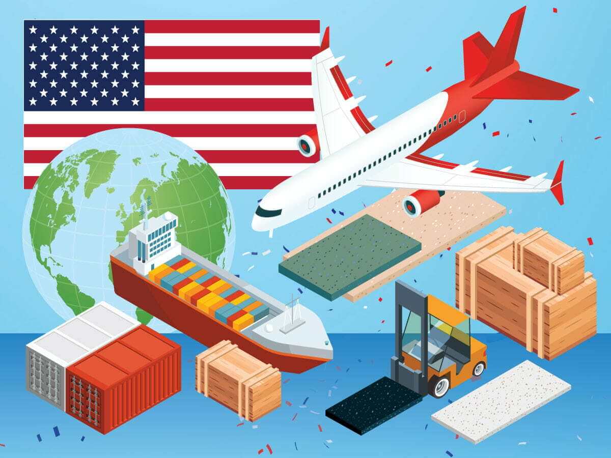 A digital image collage depicting an American flag, globe of the Earth with lines of lattitude and longitude, cargo containers, marble and granite slabs, a cargo jet, a cargo ship, and a forklift, supporting the article title "How to Import Marble and Granite to the U.S."