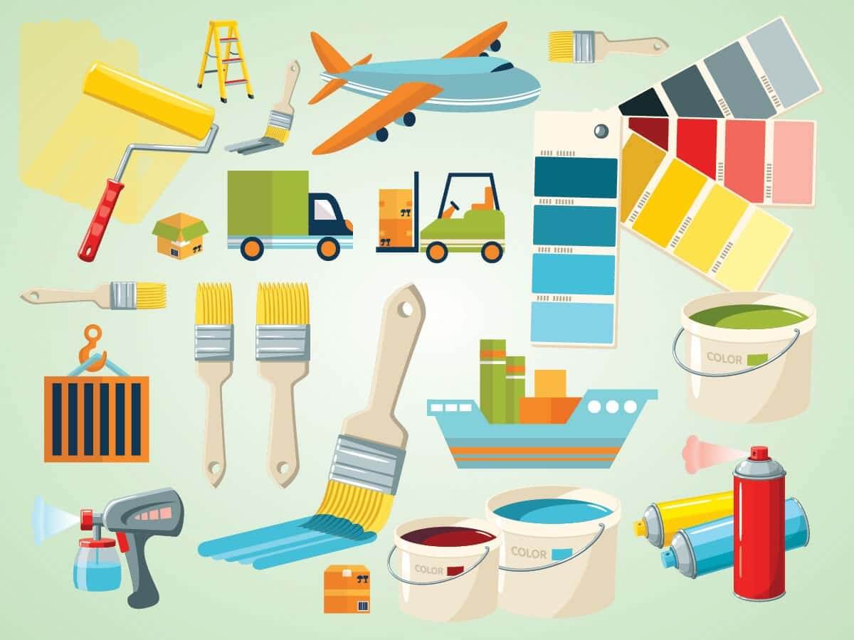 A digital image depicting painting supplies such as brushes, buckets of paint, a spray gun, spray paint cans, and color swatches along with modes of transportation such as a cargo jet, cargo ship, forklift, and a delivery truck. This image supports the article title "Importing Paint to the U.S."