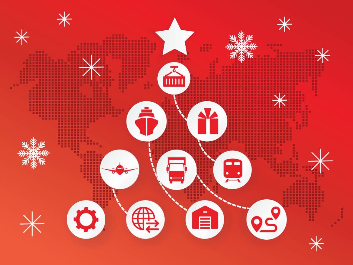 A digital image with a red background showing a pointillistic depiction of the Earth superimposed with Chritmas-themed icons such as stars and snowflakes, and shipping-themed icons such as a cargo plan, cargo train, warehouse, and freight ship. The icons are arranged in a triangular shape suggestive of a typical Christmas tree.