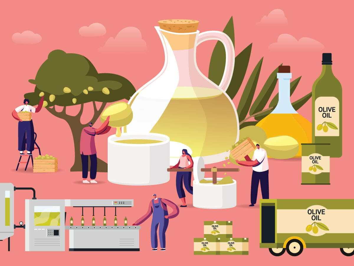 A digital image depicting farmers picking olives, pressing olives into olive oil with a millstone, and olive oil being refined and bottled, with cases, barrels, a bottle, and a delivery truck labeled "olive oil".