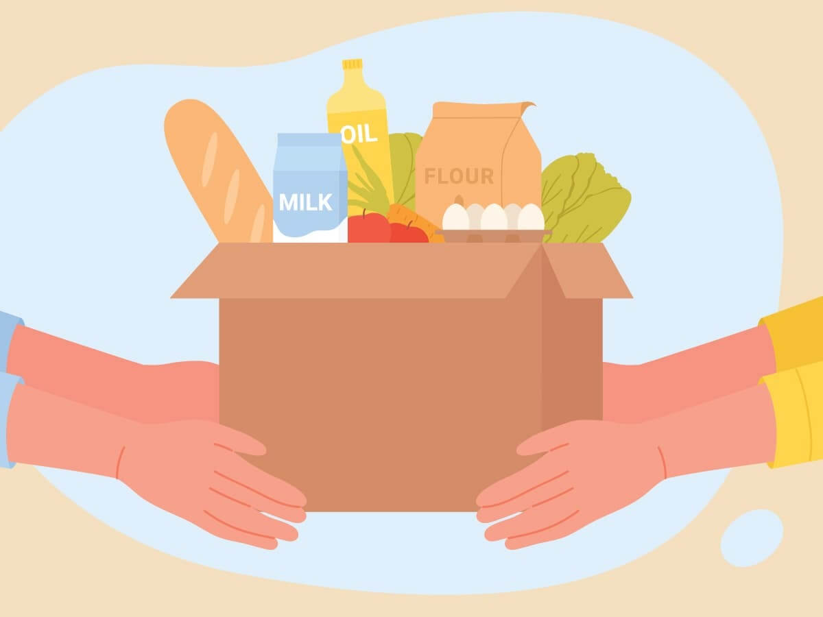 A digital image depicting a box of food containing bread, milk, cooking oil, eggs, cabbage, carrots, and a bag of flour being handed off from one individual to another.