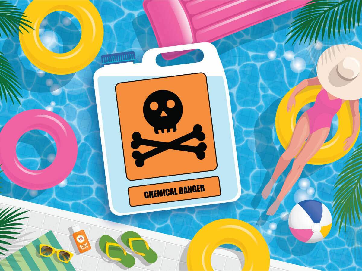 A digital rendering of a woman floating on an inflatable tube in a swimming pool. An image of a five-gallon jug of chlorine with a "Chemical Danger" warning label is superimposed over the top of the image.