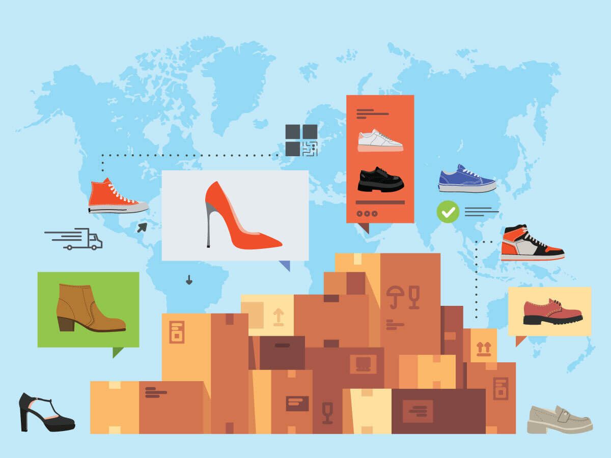 Boxes stacked on top of one another with different shoes and a map of the earth in the background