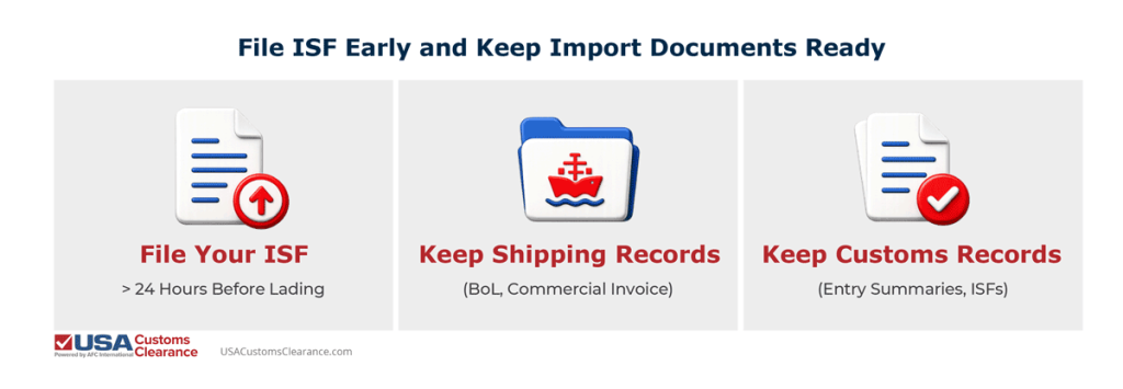 An image containing the following guidance for maintaining ready import documents:
File Your ISF >24 Hours Before Lading
Keep Shipping Records (BoL, Commercial Invoice)
Keep Customs Records (Entry Summaries, ISFs)