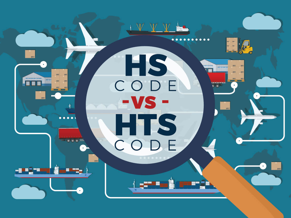 A graphic of a magnifying glass over the text HS code vs HTS code, with logistics and import imagery in the background