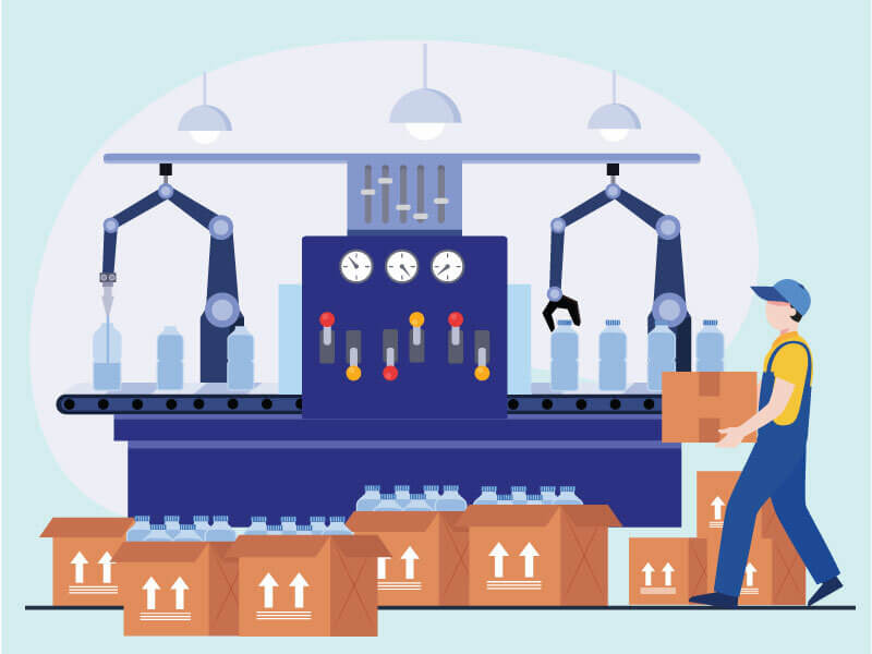 A digital image in a minimalist art style depicting a warehouse worker carrying a box of bottled water next to a conveyor belt, which is using robotic dispensing and cap-twisting arms to bottle water for retail sale.