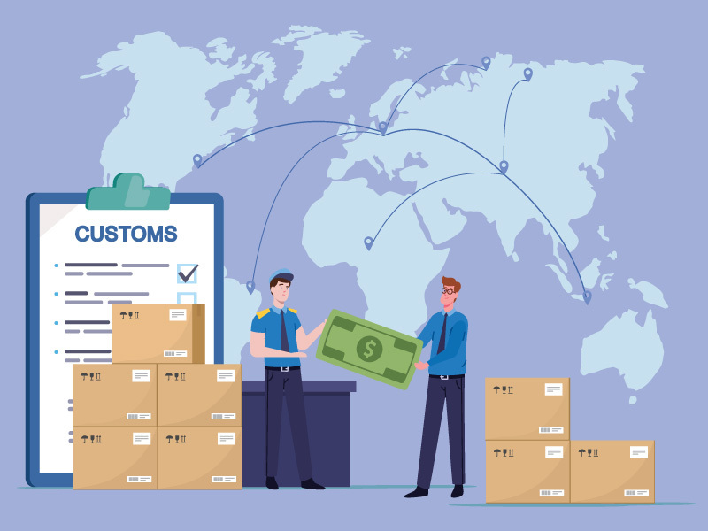 An illustration of an importer paying import taxes to U.S. Customs.