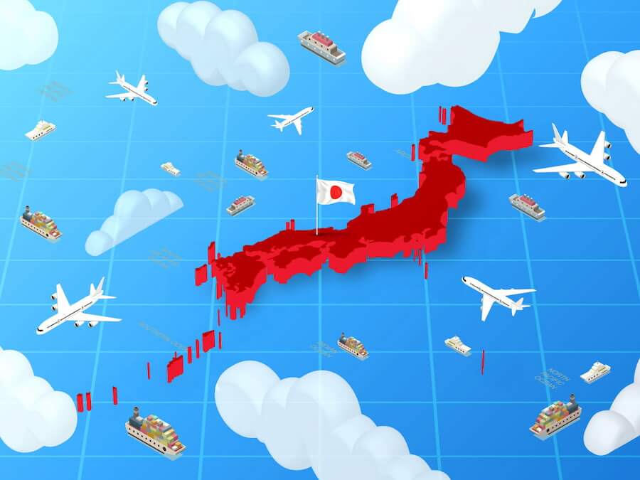 The country of Japan with planes and vessels traveling to and from it.