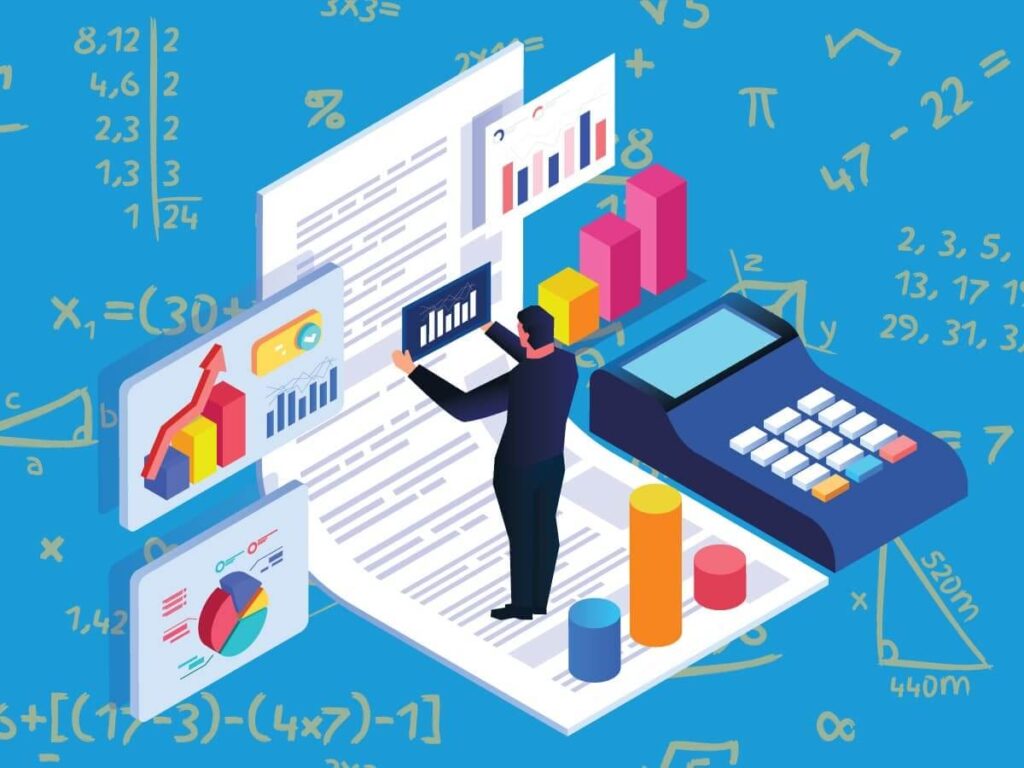 Animated image that shows a person working on a giant paper surrounded by mathematical calculations and graphs.