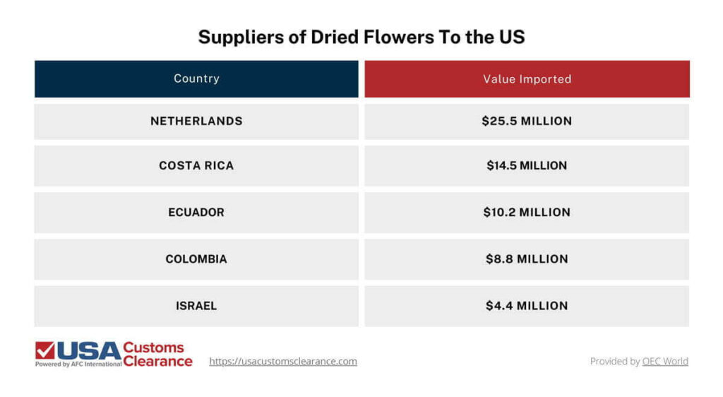 The table shows the value of dried flowers the U.S. imported from its top five suppliers. The U.S. imported a value of $25.5 million dried flowers from the Netherlands. The U.S. imported a value $14.5 million dried flowers from Costa Rica. The U.S. imported a value $10.2 million dried flowers from Ecuador. The U.S. imported a value $8.8 million dried flowers from Colombia. The U.S. imported a value of $4.4 million dried flowers from Israel. 