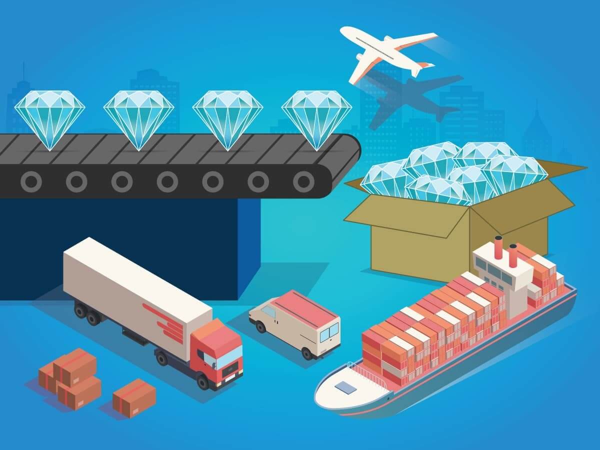 A conveyor belt with diamonds falling into a box with a semi truck, delivery truck and cargo ship beneath it.