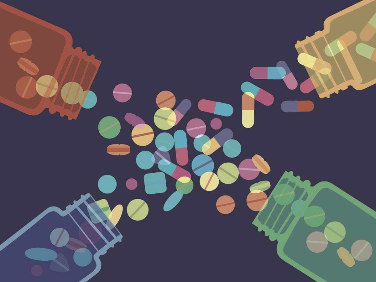 A digital image depicting four pill bottles at each corner of the image spilling capsules and pills onto a purple background.