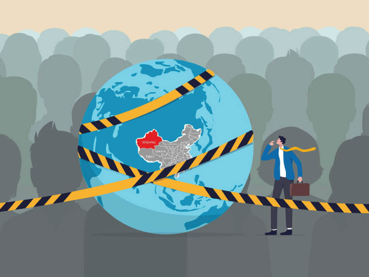 Animated image shows a figure standing beside planet earth. The earth is turned so that the region of China is visible and the province of Xinjiang is colored in to stand out. Caution tape around the planet provides a visual no access sign.