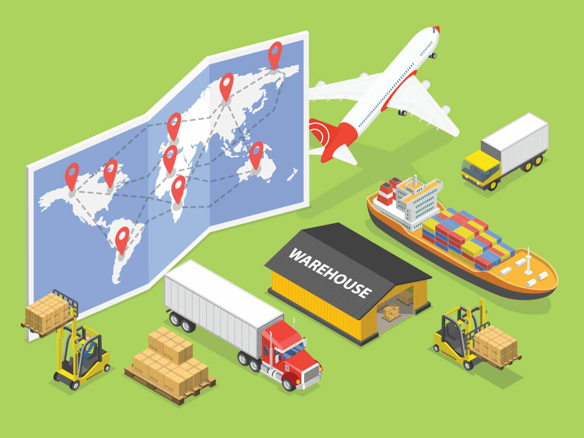 A digital image depicting a loaded pallet, semi truck, warehouse, forklift, container vessel, cargo jet, and map of the world on a green background. This image supports the article's focus on customs bonds in international trade.