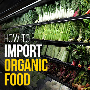 Importing organic food to the U.S. - lines of fresh produce on grocery store shelves