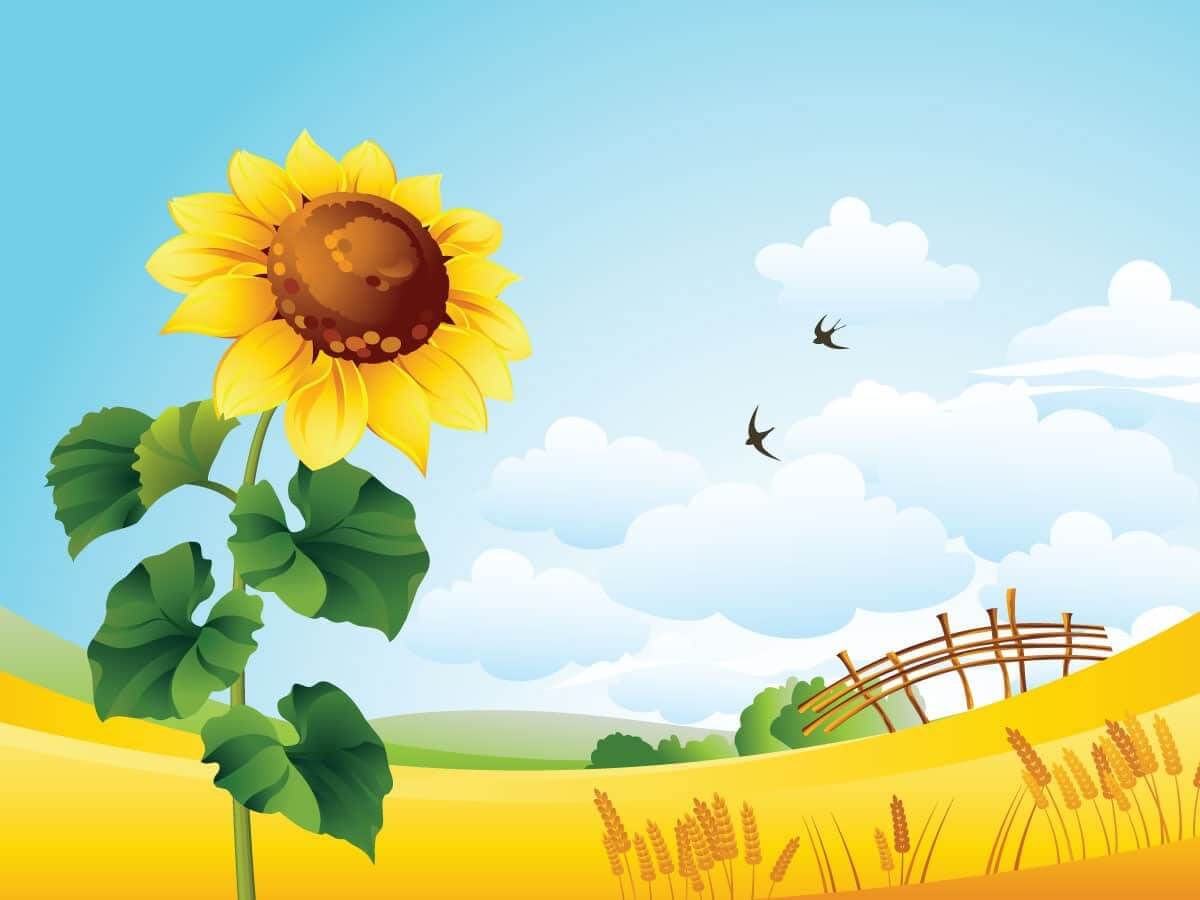 A digital image depicting an outdoor scene of rolling fields with stalks of wheat and a large sunflower in the foreground.