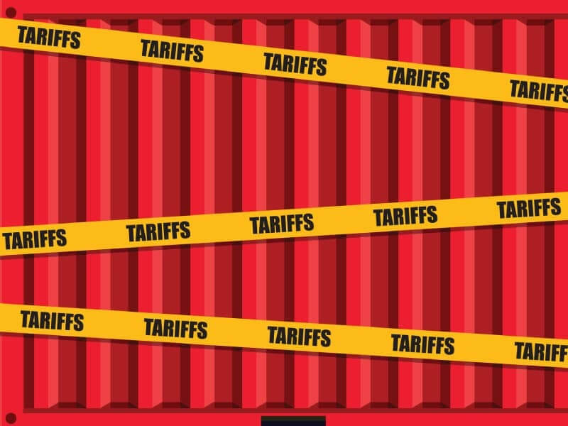 An Animated image shows the side of a shipping container being crisscrossed with tape that has the word 'tariffs' listed several times.