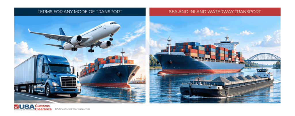 The column on the left shows the methods of shipping that can be used for any mode of transport. The column on the right shows the methods of shipping that can be used for sea and inland waterway transport.
