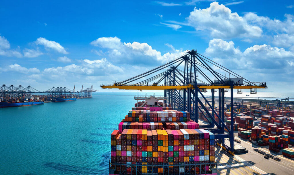 loaded container ship at port