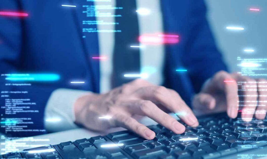 hands typing on a display with an overlay of a digital heads up display