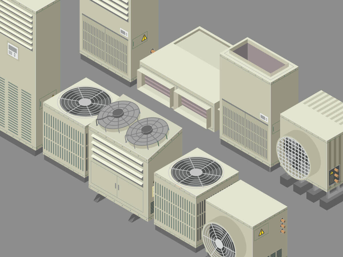 A digital image depicting several central air conditioning units.