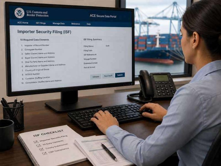 Image of a customs professional reviewing ISF documents on a computer.