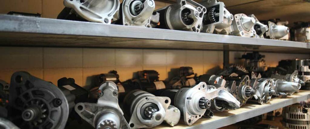 Motor parts organized on shelves