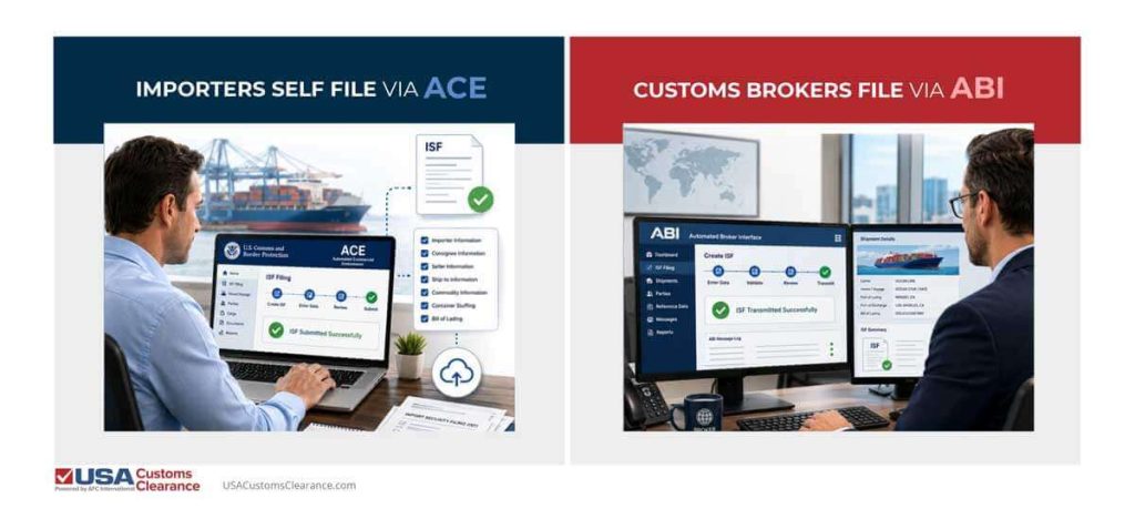 A side-by-side image displaying an importer filing documents via the ACE portal next to a customs broker filing documents via ABI