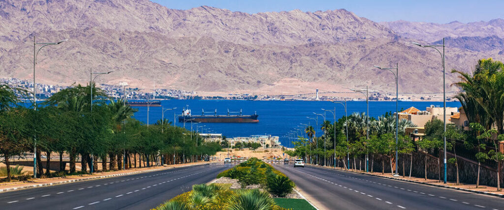 Ship passing by the Israeli city of Eliat, an access point to the Red Sea.