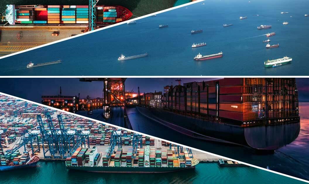 A collage of images depicting ports and container ships.