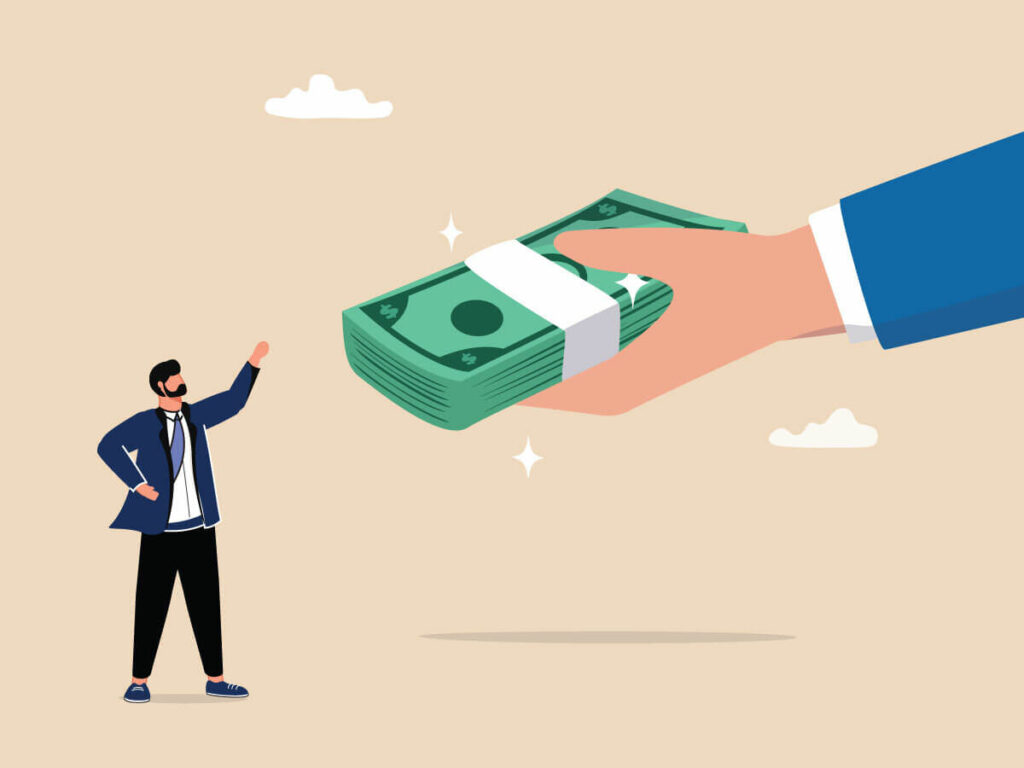 An animated image of a large hand with a stack of bound money offering it to a smaller person who has a hand reached up to accept it.