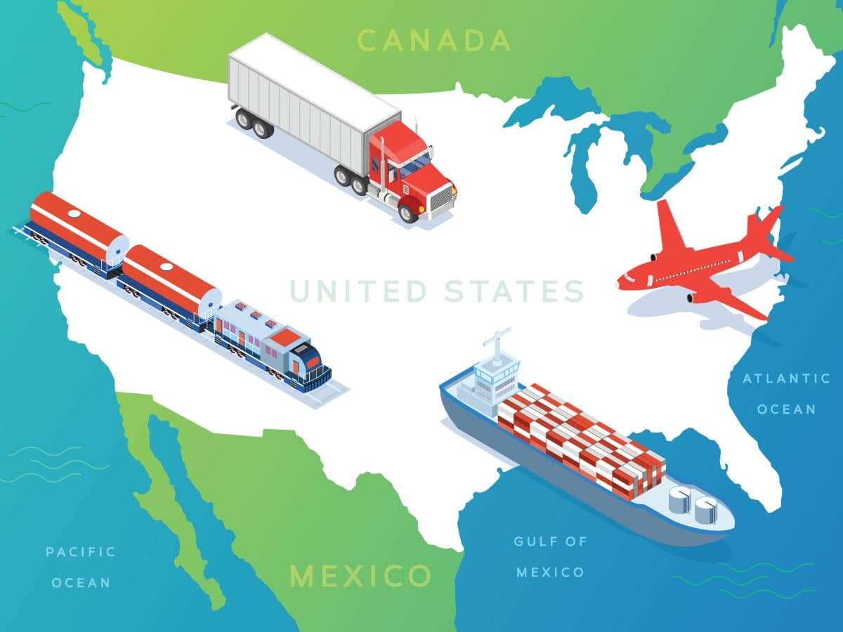 A picture of the U.S., Mexico, and Canada with a semi truck, a cargo plane, a cargo ship, and a train