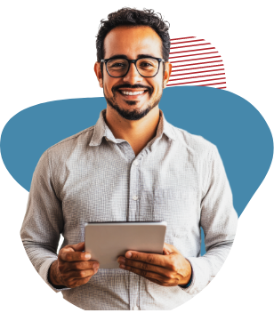 Grey shirt man with red stripe & blue BG