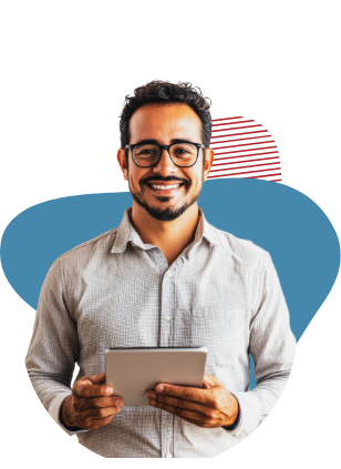 Man wearing gray shirt holding a computer tablet