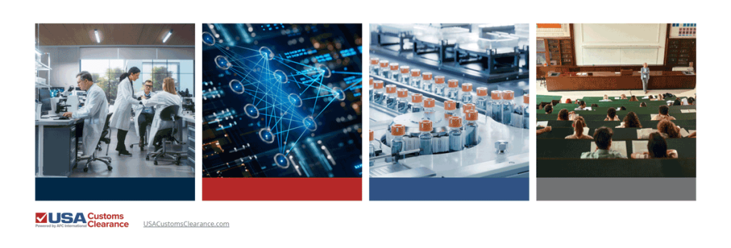 A four panel image depicting from left to right: individuals working in a research and development lab, high technology researchers, medical goods on a conveyor belt, and a university lecture