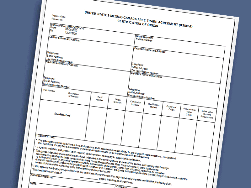 Image depicts an example of a FTA certificate of origin.