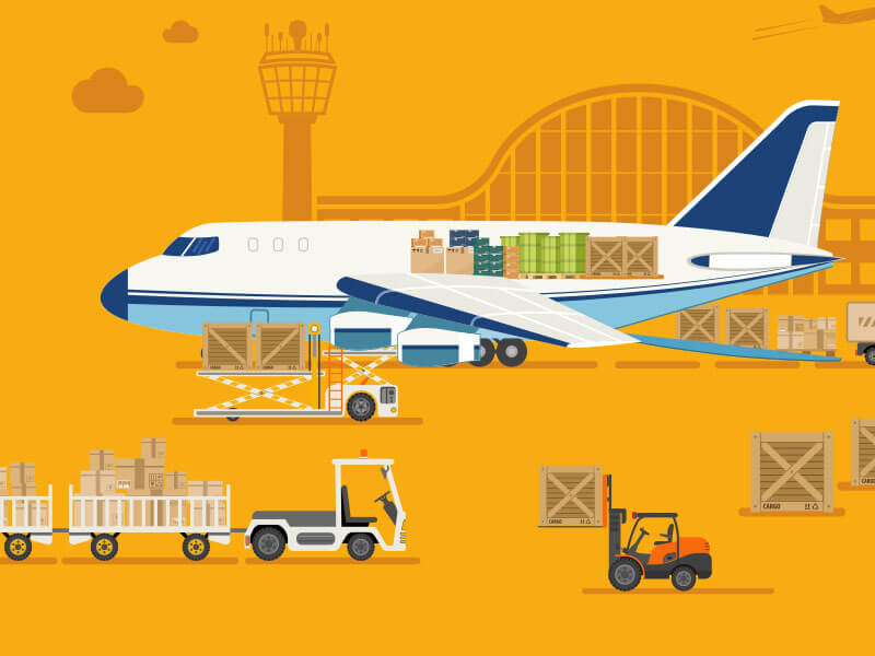 An illustration depicting a grounded cargo jet with a transparent cargo bay showing different types of freight.